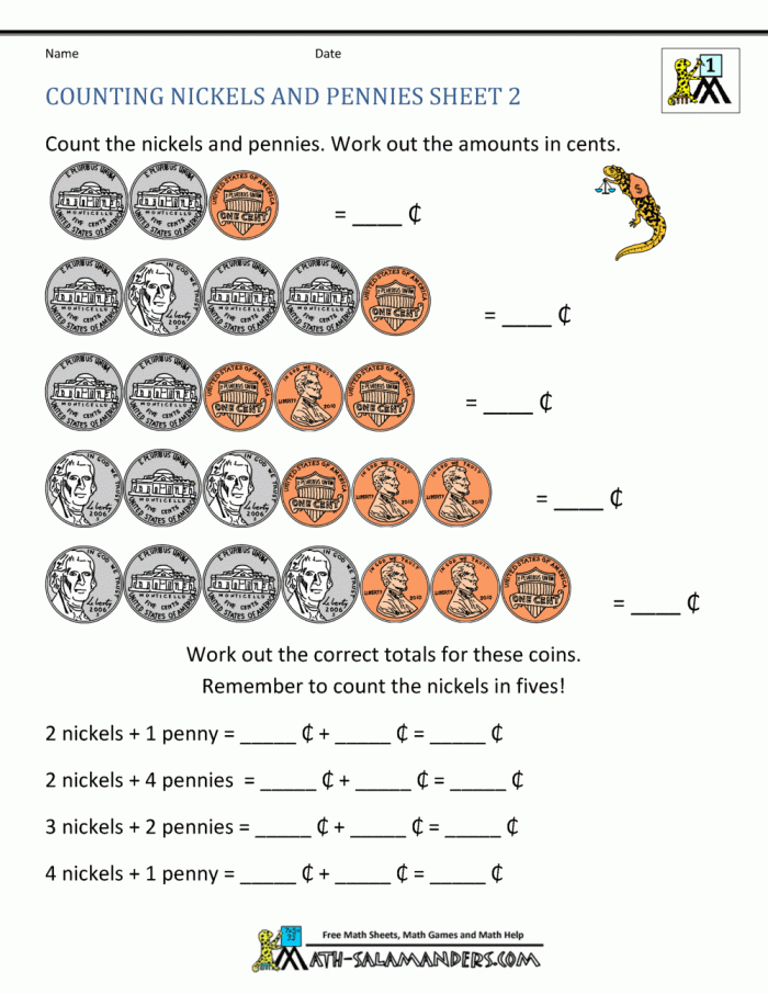 Second grade worksheet about identifying and counting the value of a nickel coin