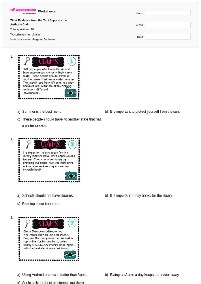 Second grade students analyzing a nonfiction text worksheet to identify the author's claim, supporting reasons, and evidence examples
