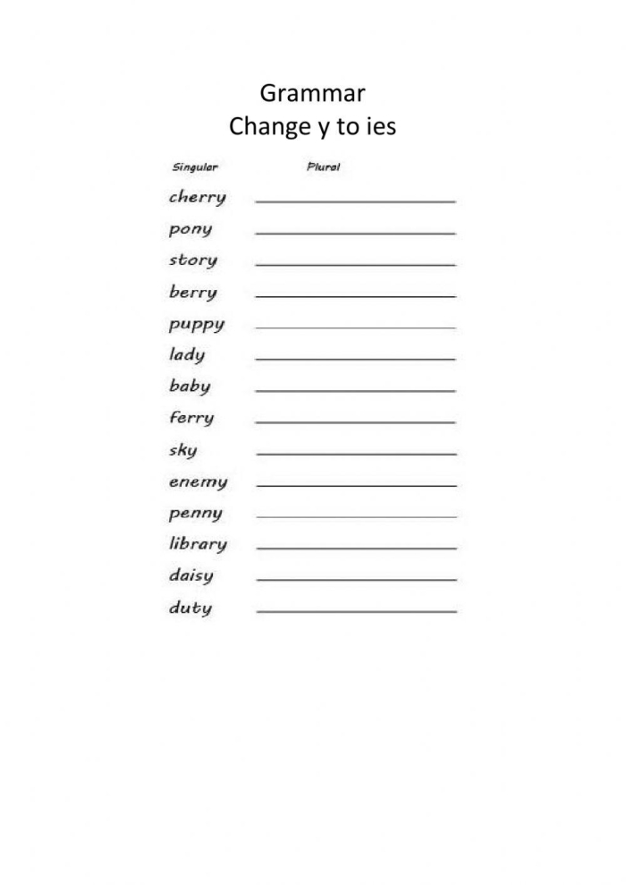 Second grade grammar worksheet showing exercises for converting singular nouns ending in y to plural forms using s or ies