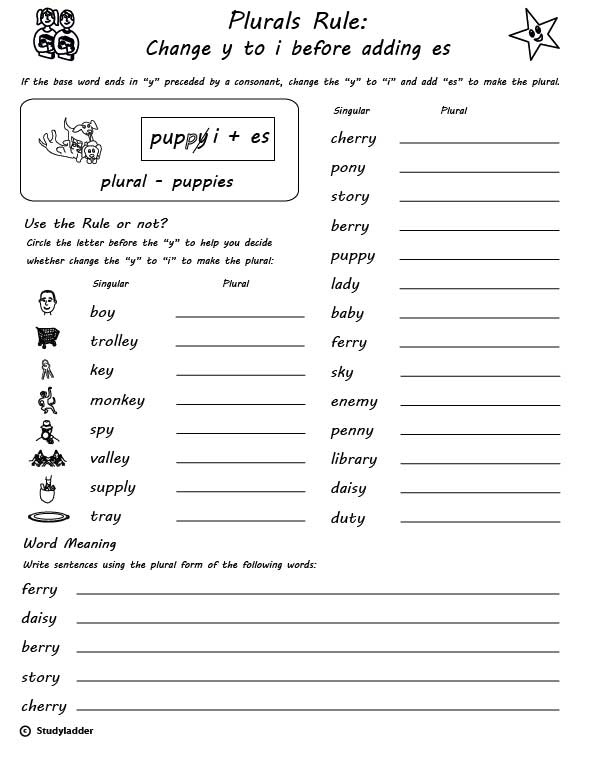 Second grade grammar worksheet showing exercises for converting singular nouns ending in y to plural forms using s or ies