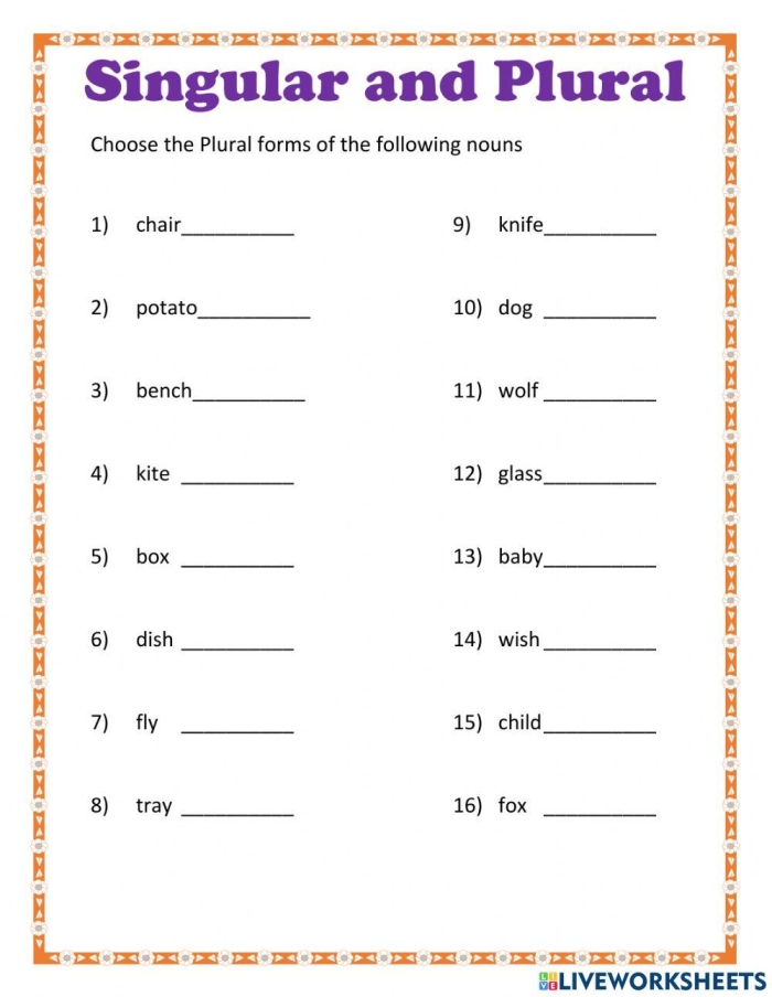 Worksheet featuring singular and plural nouns for second graders