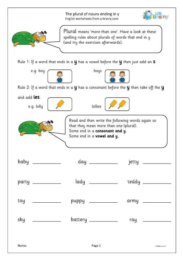 Second grade grammar worksheet showing examples of singular nouns ending in y being converted to plural forms with ies endings