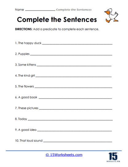 Interactive sentence completion activity for grade 2 students Complete the Sentence worksheet for second graders focusing on nouns and verbs