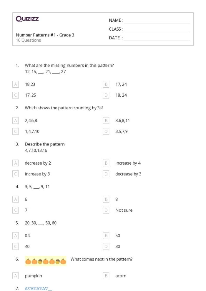 Second grade student completing a number sequence practice test worksheet