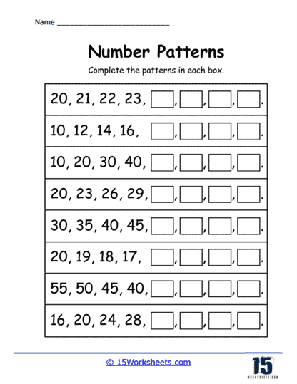Second grade student completing a number patterns practice test worksheet