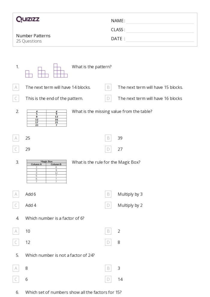 Worksheet featuring a practice test on number patterns for second graders