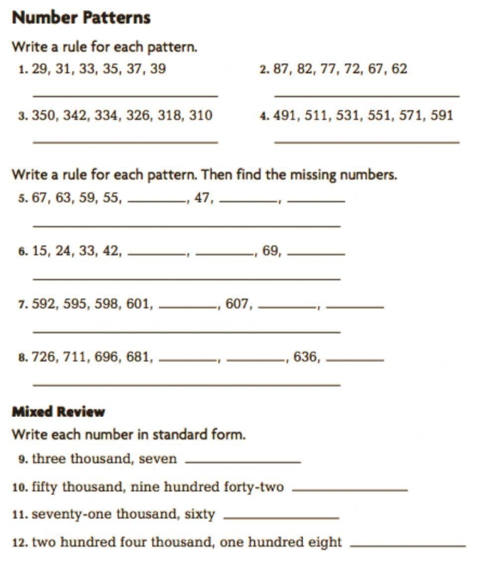 Worksheet featuring a practice test on number patterns for second graders