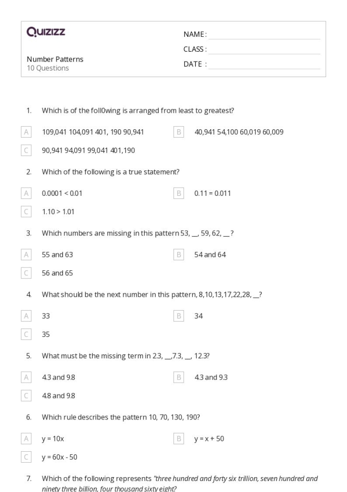 Number Patterns worksheet for second graders featuring a mini quiz on identifying the next number in sequences