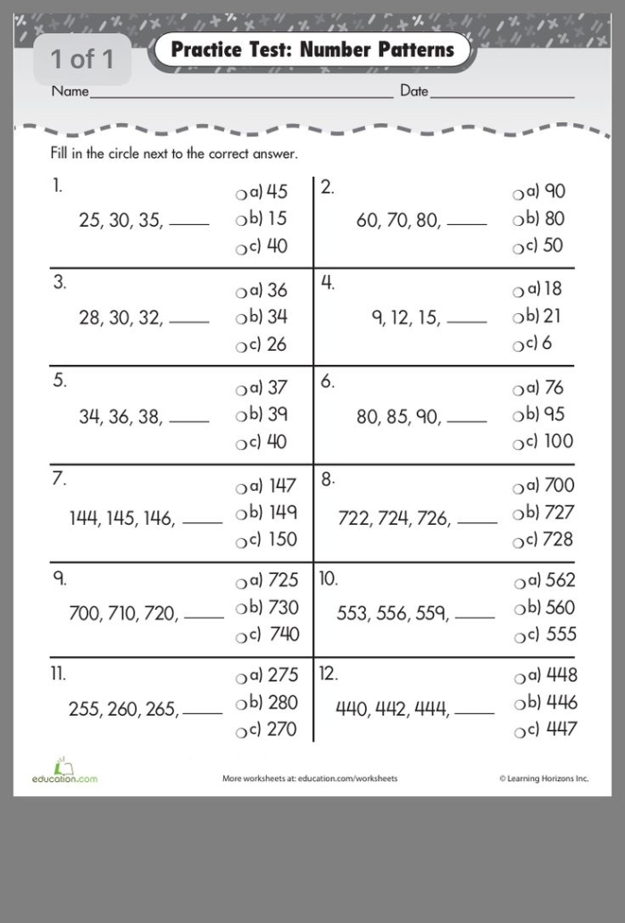 Worksheet for practicing number patterns in second grade
