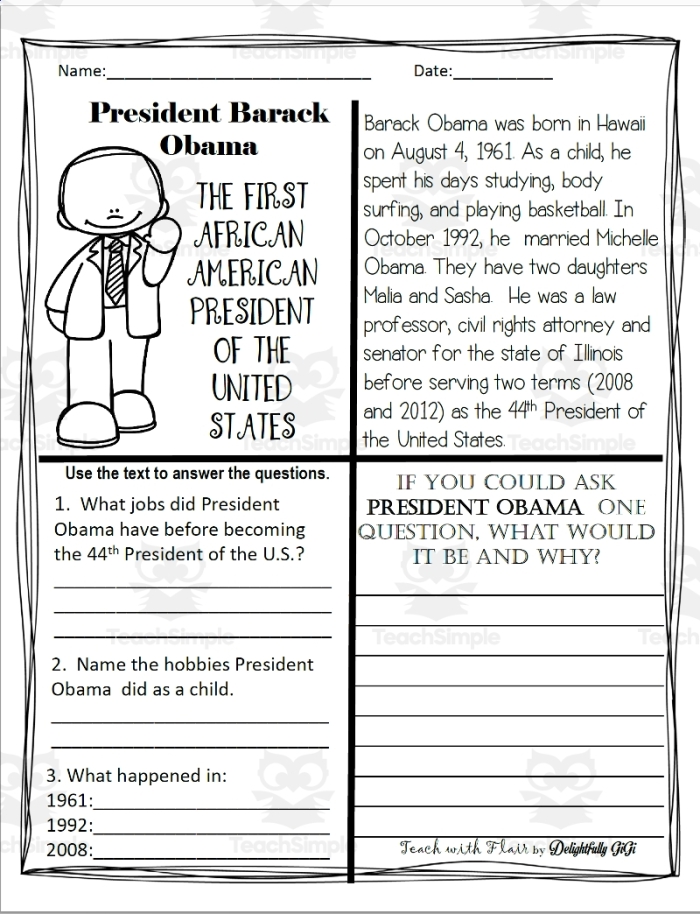 Barack Obama Life Events Timeline Activity for Kids A timeline showing key events from Barack Obama's life with dates and illustrations for second grade students