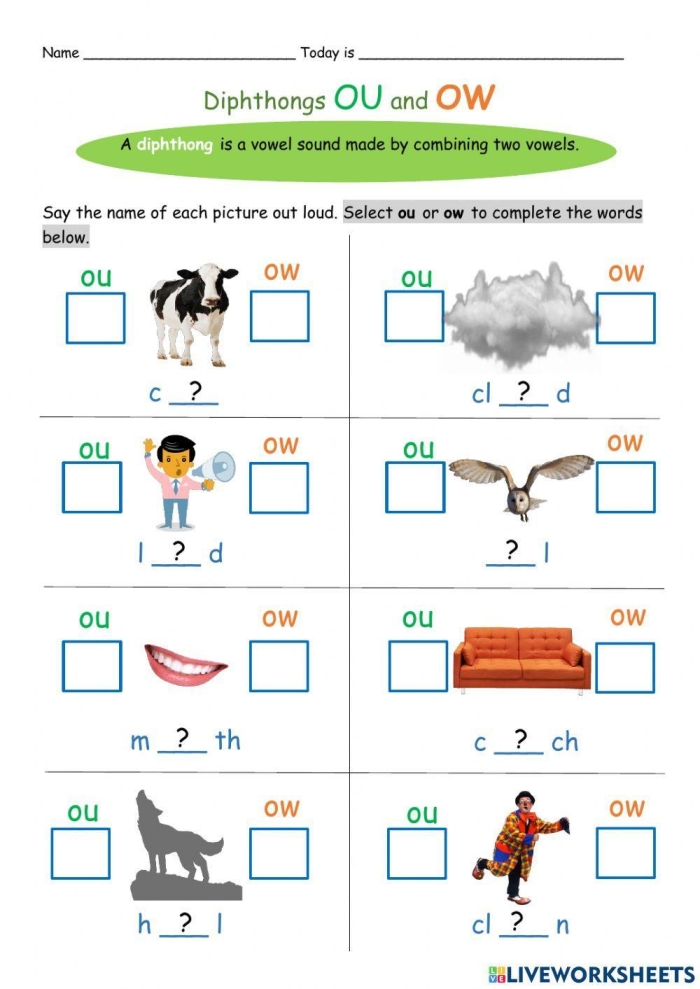 Worksheet for second graders focusing on the vowel diphthong OI, enhancing phonics and spelling skills. Educational activity sheet featuring vocabulary exercises centered around diphthongs for young learners.