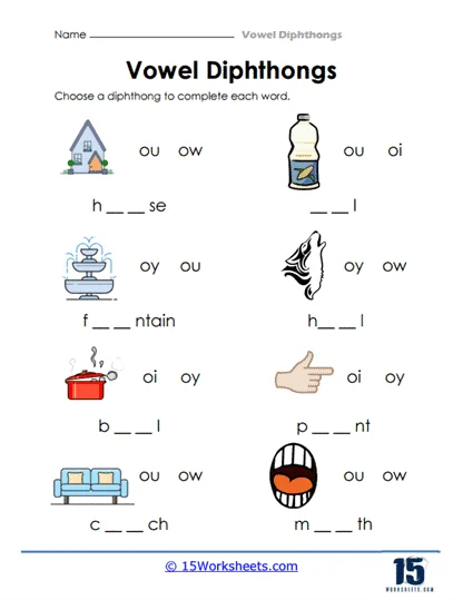 Students practicing vowel diphthongs with the OI worksheet in a classroom setting