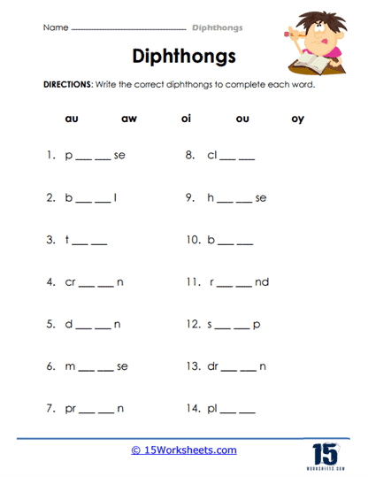 Worksheet for second graders focusing on vowel diphthongs featuring the OI sound