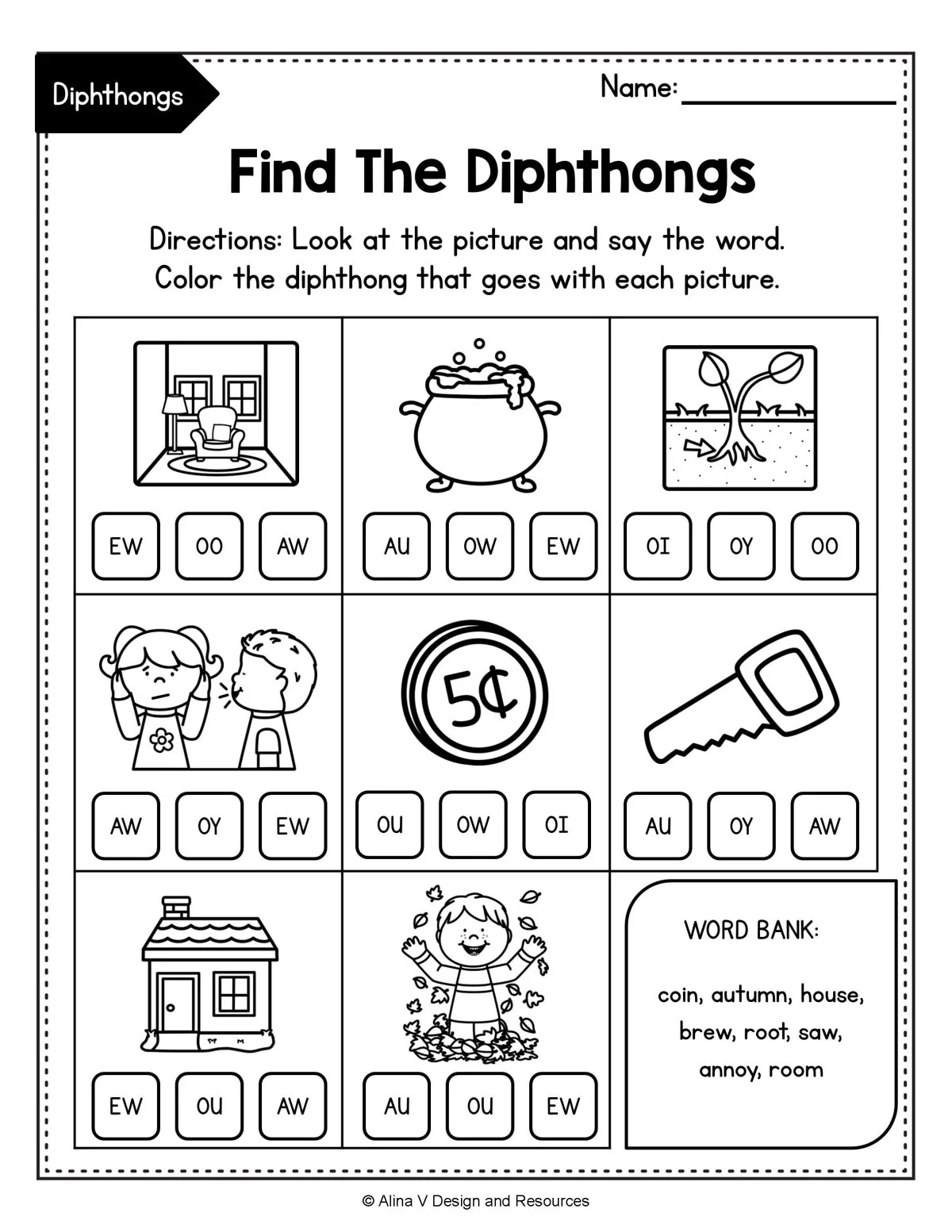 Children practicing vowel diphthongs with the OI worksheet for phonics skills