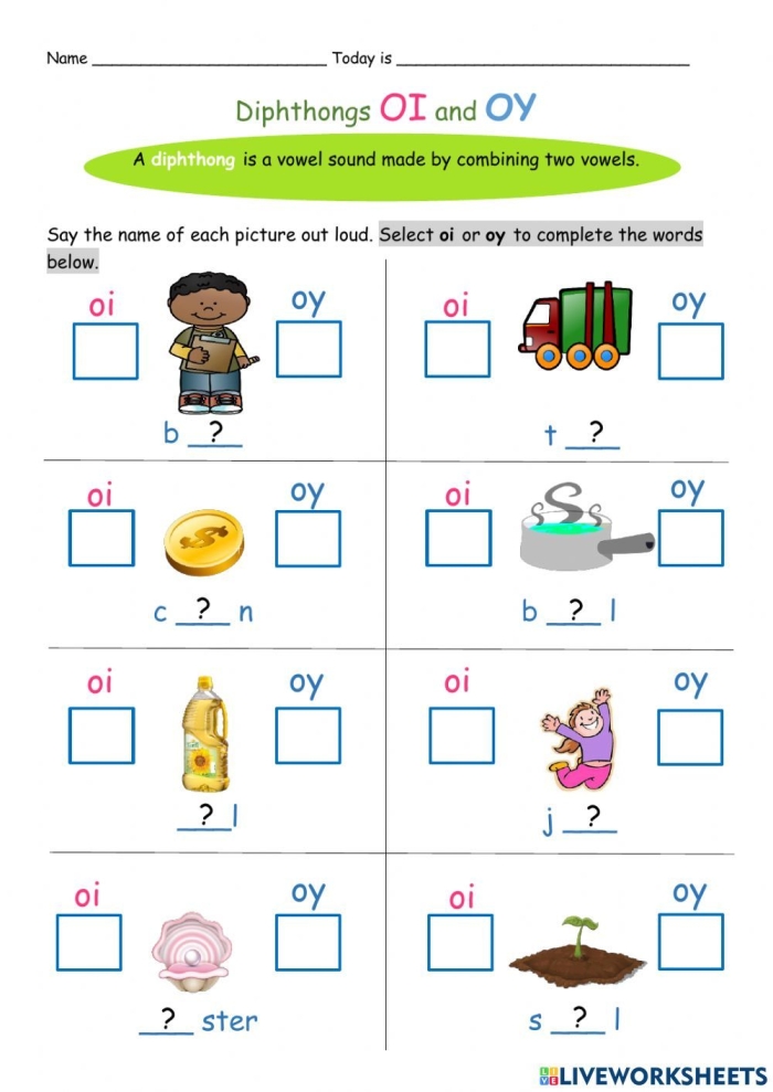 Children practicing vowel diphthongs with an OI worksheet designed for second graders
