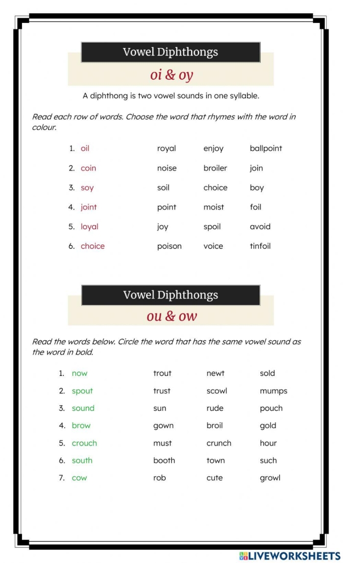 Children practicing vowel diphthongs with an OI worksheet in a classroom setting