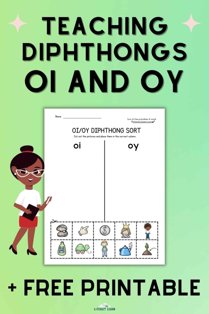 Children practicing vowel diphthongs with an OI worksheet for phonics skills