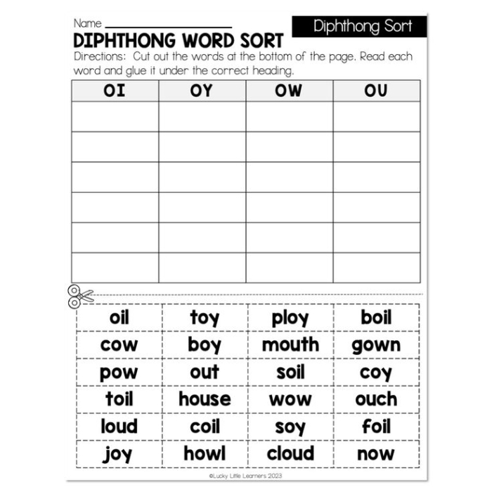 Second-grade students practicing vowel diphthongs with an OI worksheet