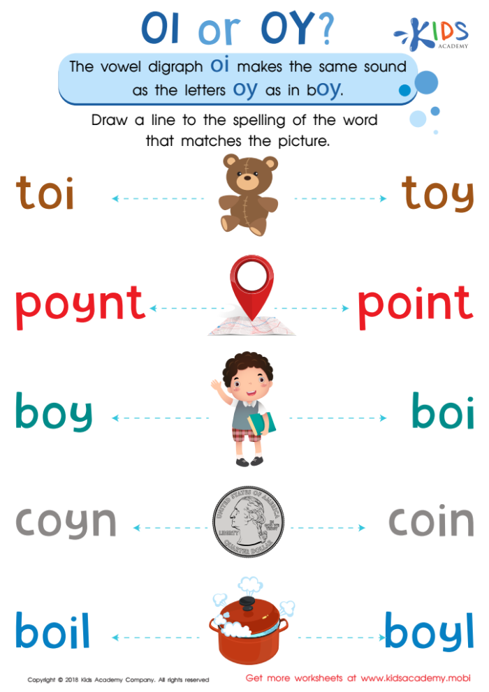 Second graders practicing vowel diphthongs with the OI worksheet