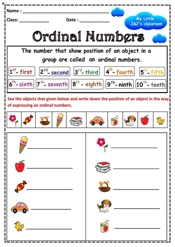 Second grade worksheet comparing ordinal and cardinal numbers for counting practice