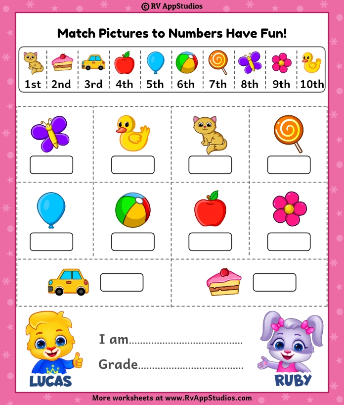 Second grade ordinal numbers worksheet featuring a sequence of 1st through 4th positions