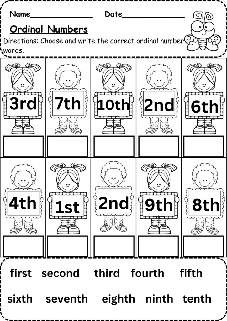 Second grade worksheet featuring a variety of colorful exercises to practice identifying and ordering ordinal numbers