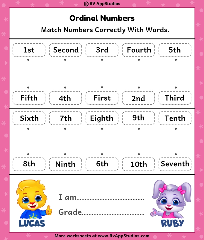 Worksheet for practicing ordinal numbers for second graders