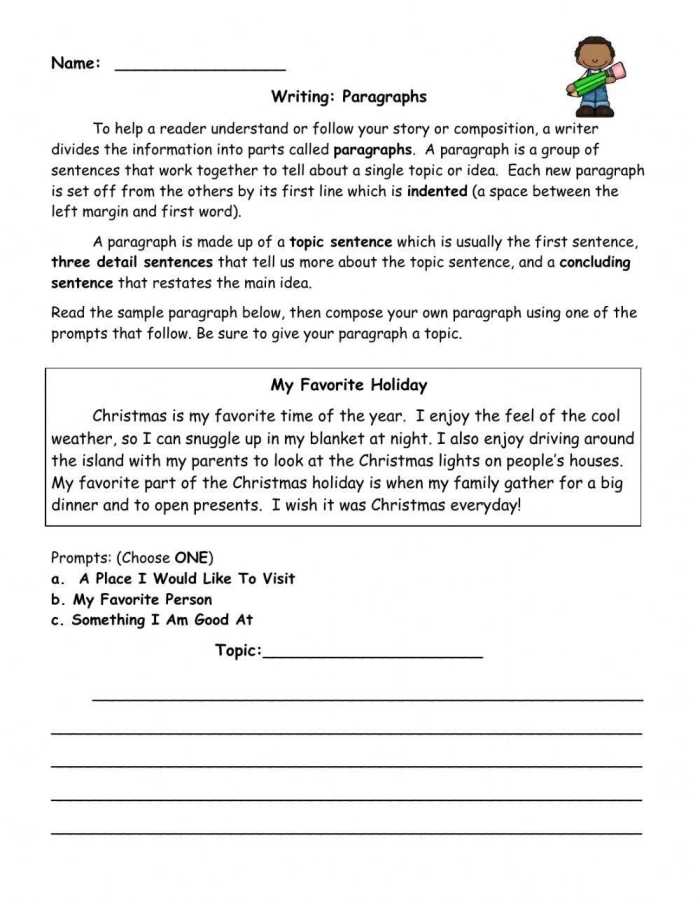 Second grade student filling out a paragraph writing graphic organizer worksheet