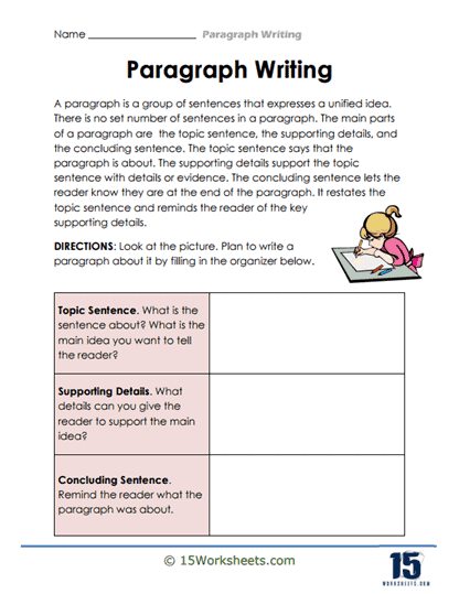 Second grade student completing a paragraph writing graphic organizer worksheet