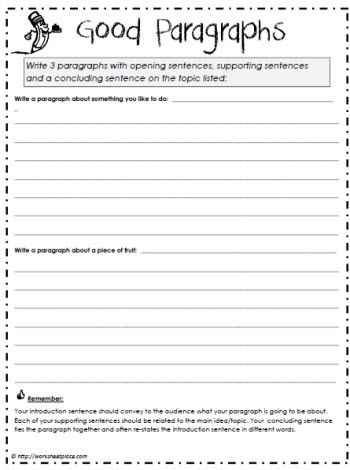 Worksheet featuring writing prompts for paragraph practice in second grade