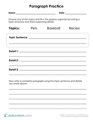 Worksheet featuring writing prompts for paragraph construction in second grade. Writing a Paragraph worksheet to support young learners in developing their writing skills.