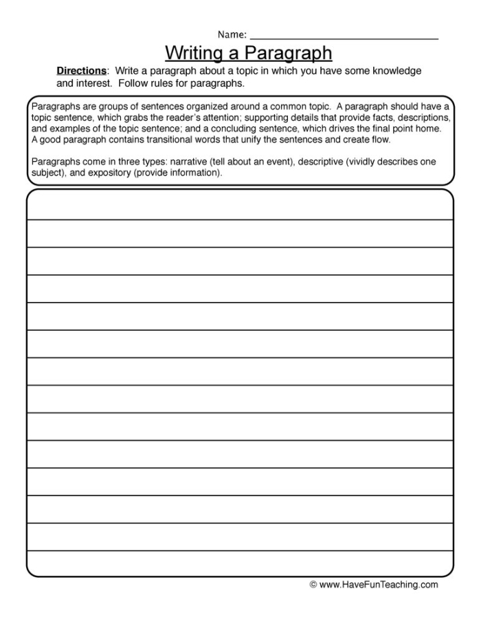 Writing a Paragraph worksheet for second graders featuring topic prompts