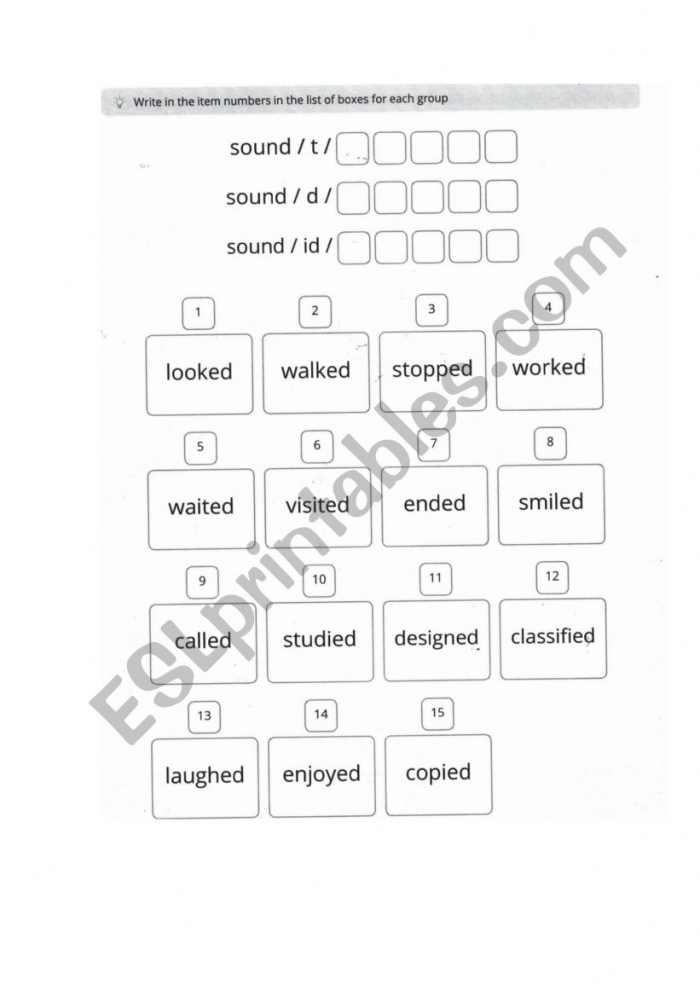 Chart showcasing how -ed is pronounced in different past tense words for geography class Worksheet illustrating the sounds of the suffix -ed in past tense verbs for second graders