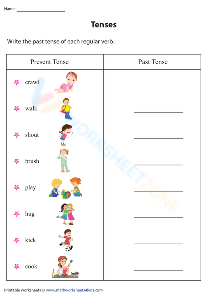 Second grade student worksheet for practicing past tense verbs ending in ed