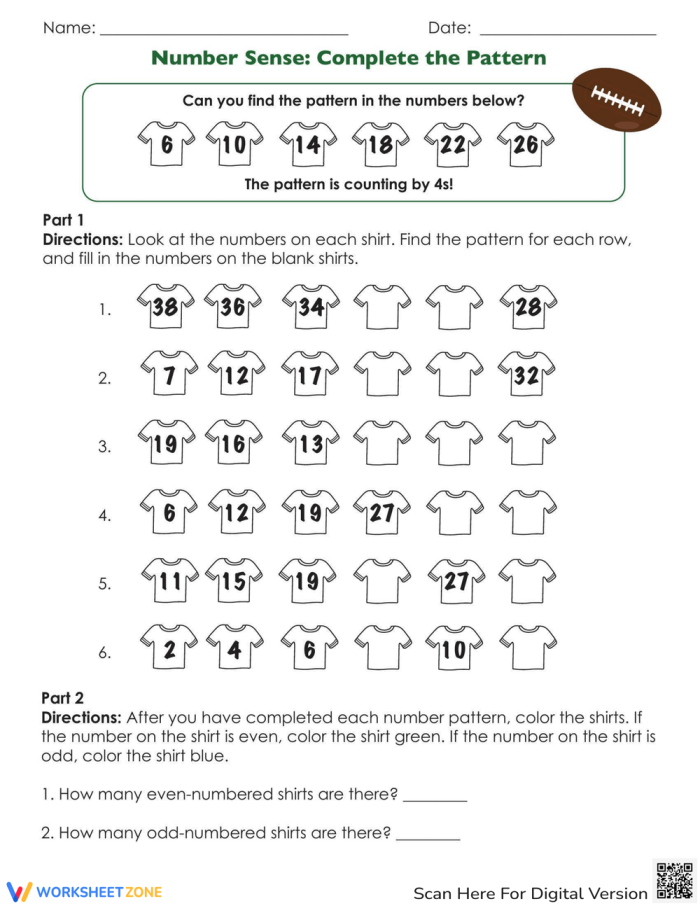 Number Sense: Complete the Pattern worksheet for Grade 2 students Worksheet for practicing number patterns in fractions for second graders