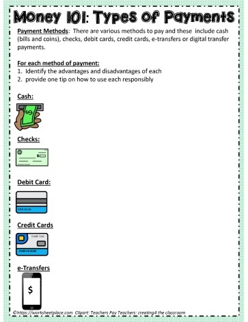 Payment Methods worksheet for second graders showing various payment options and their uses