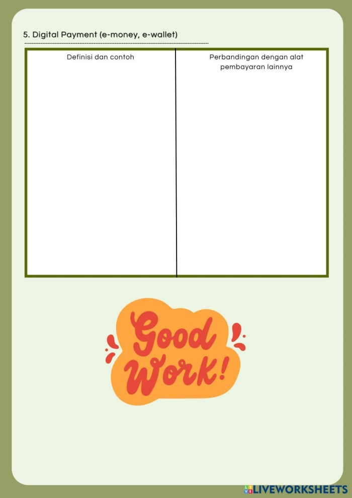 Different payment methods illustrated for a second-grade worksheet
