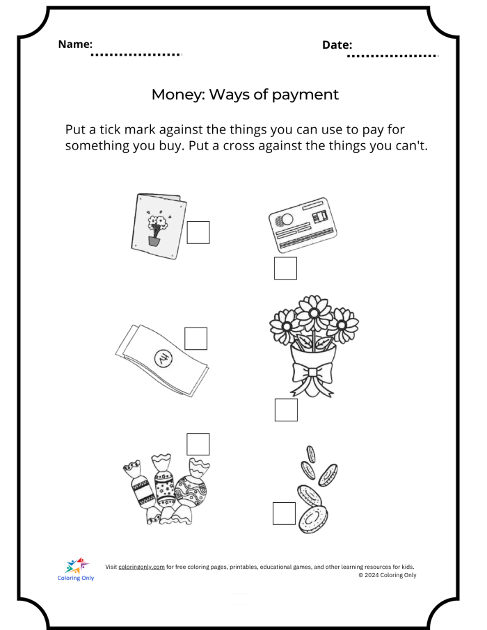 Worksheet featuring various payment methods for kids to learn about money management