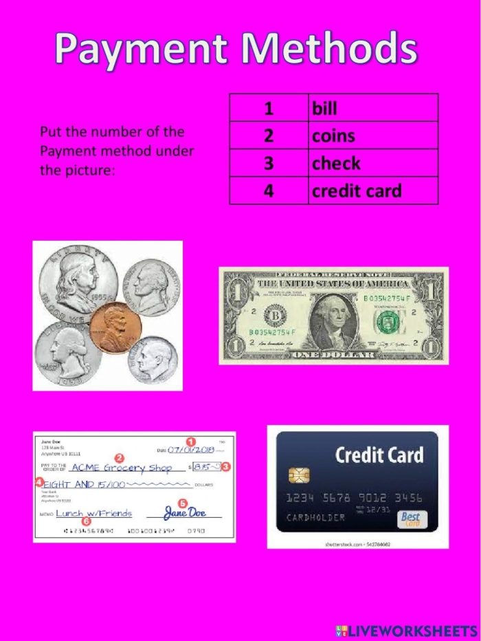 Image of a colorful Payment Methods worksheet designed for second graders
