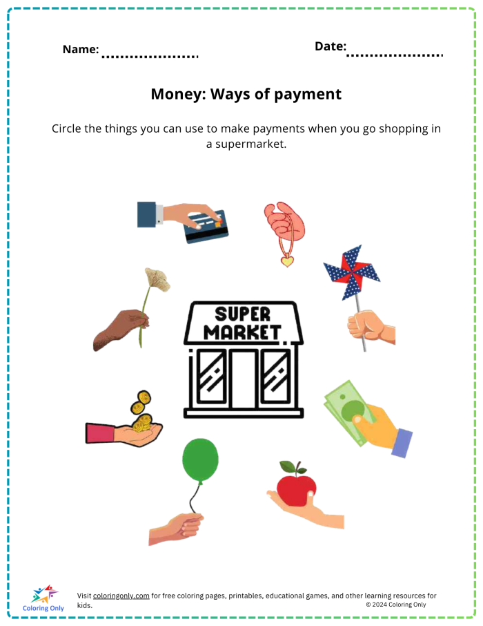 Colorful worksheet illustrating various payment methods for kids