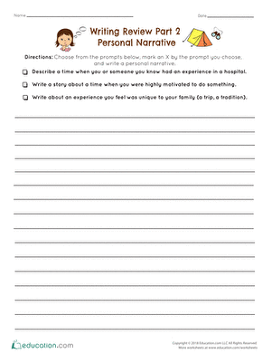 Second grade student organizing thoughts and planning a personal narrative story with guided worksheet prompts and writing spaces