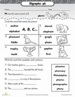 Phonics Review: Engaging digraph ph worksheet for second graders Practice worksheet for second graders focused on "ph" digraph words