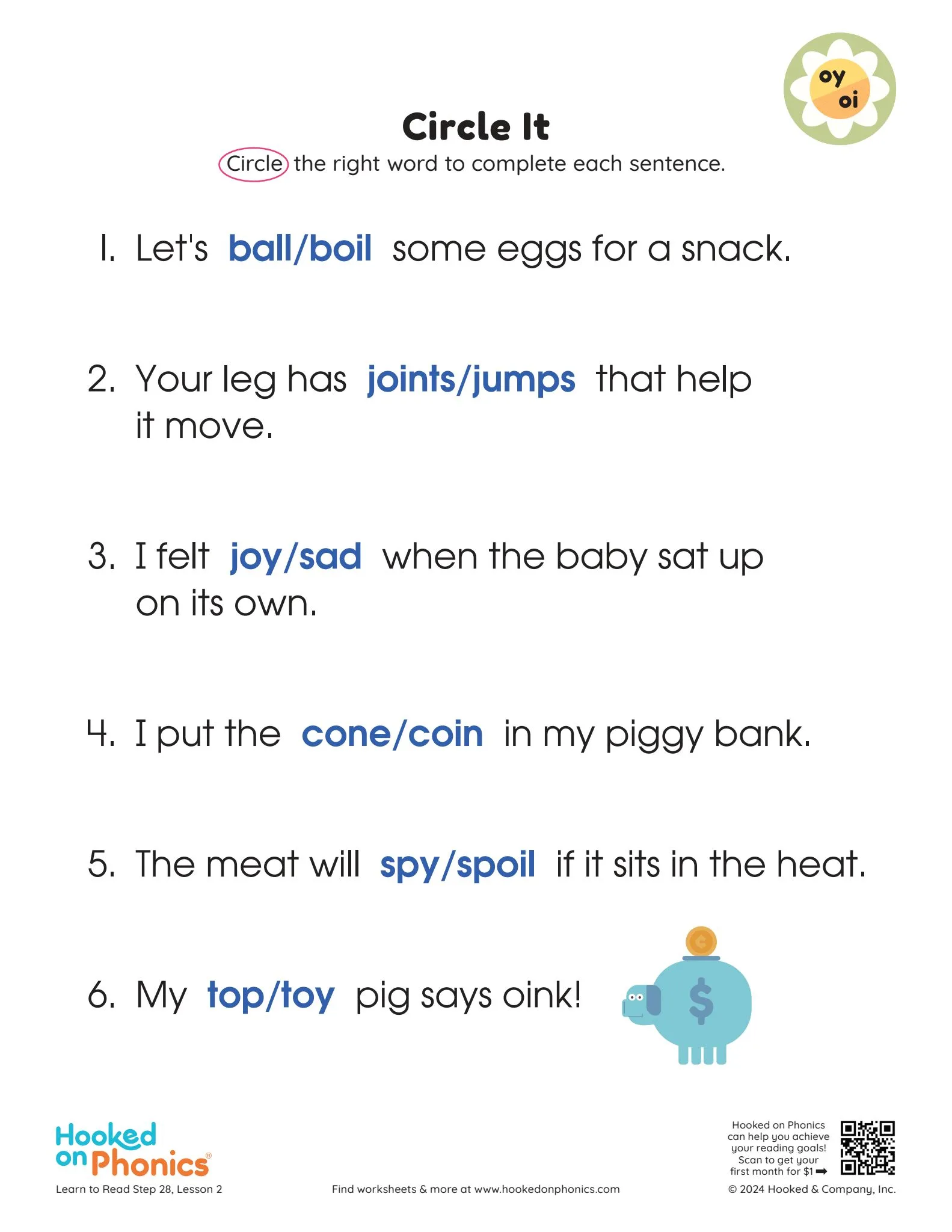 Children engaging with a phonics worksheet focused on the OI diphthong