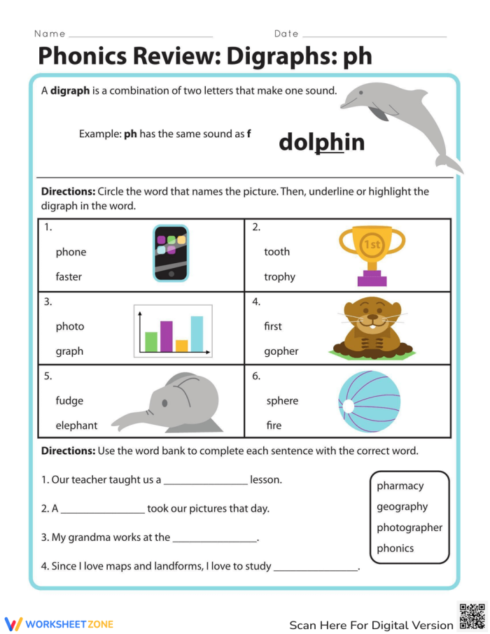 Phonics Review: Engaging "ph" word practice for young learners Worksheet for practicing "ph" digraph words for second graders