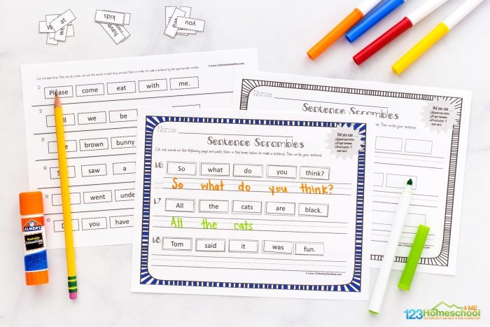 Second grade printable worksheet featuring a sentence scramble activity for phonics practice