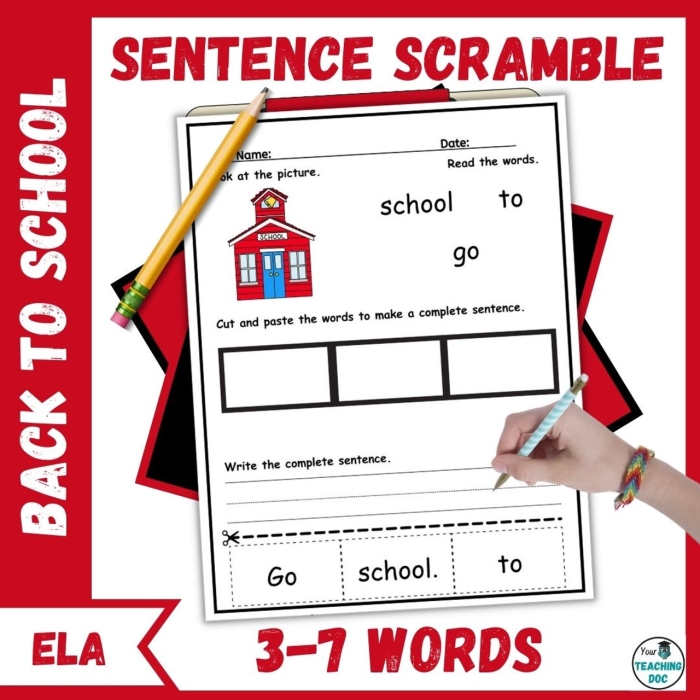 Second grade student unscrambling words to build complete sentences on a phonics worksheet