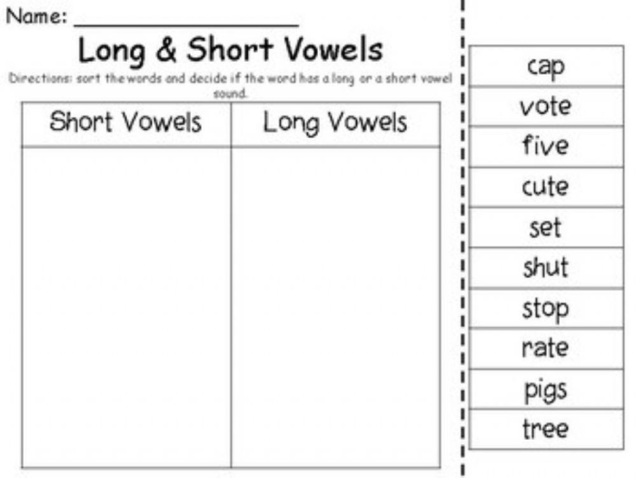 Second grade student identifying short and long vowel sounds on a phonics worksheet