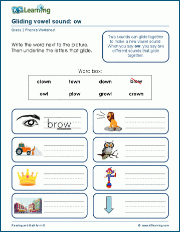 Practice Reading Vowel Diphthongs ow Worksheet 25 Second grade student working on a phonics worksheet to practice reading words with the ow diphthong