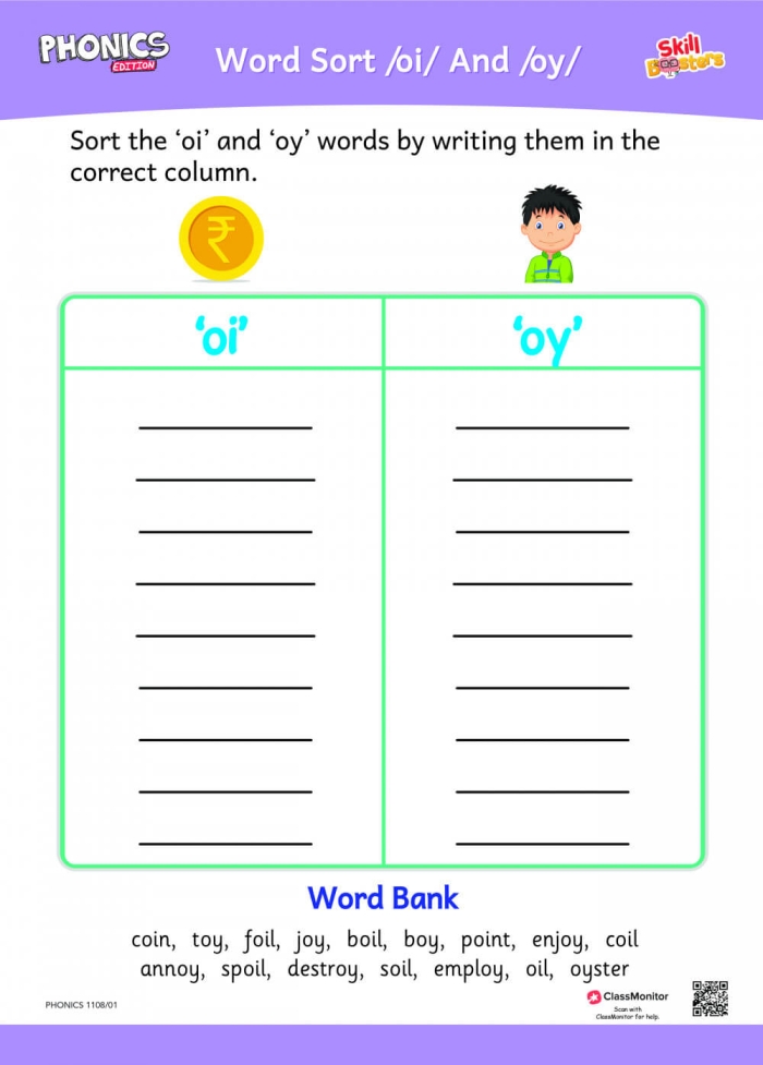 Second grade students engaging with a phonics worksheet focused on the vowel diphthong OI