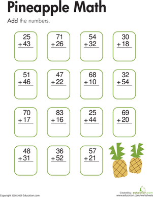 Second grade students practice two-digit addition without regrouping on this fun pineapple themed math worksheet 14